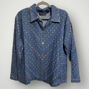 Vintage Willow Ridge Jean Jacket Multi Colored Embroidered Polka Dots Size M
